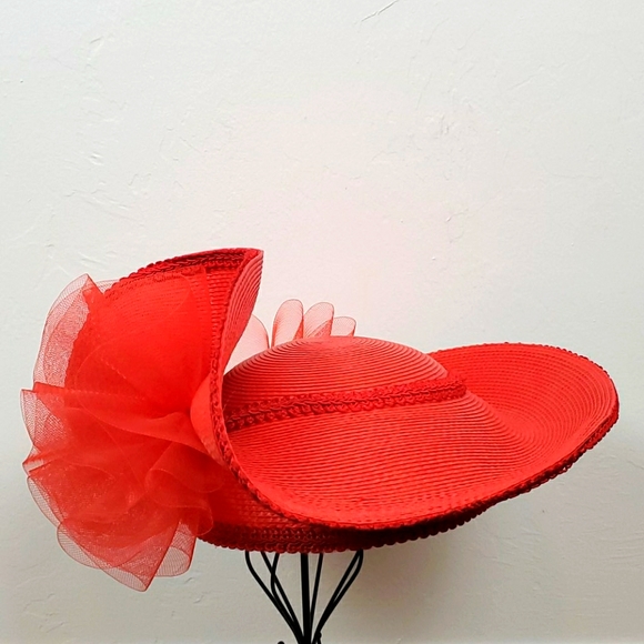 Vintage Red Lace Straw Hat Polyester 21" Elegant Luxury Accessory - Picture 1 of 7
